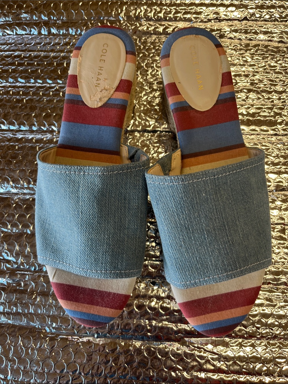 Cole Haan Blue Denim Slide Sandals with Multicolor Stripes
